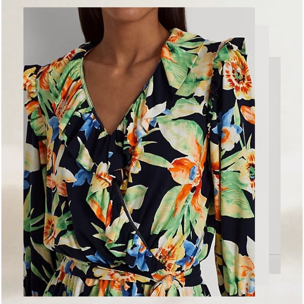 Lauren Ralph Lauren Floral Blouse XXL NWOT Navy Faux Wrap Peplum Casual Office